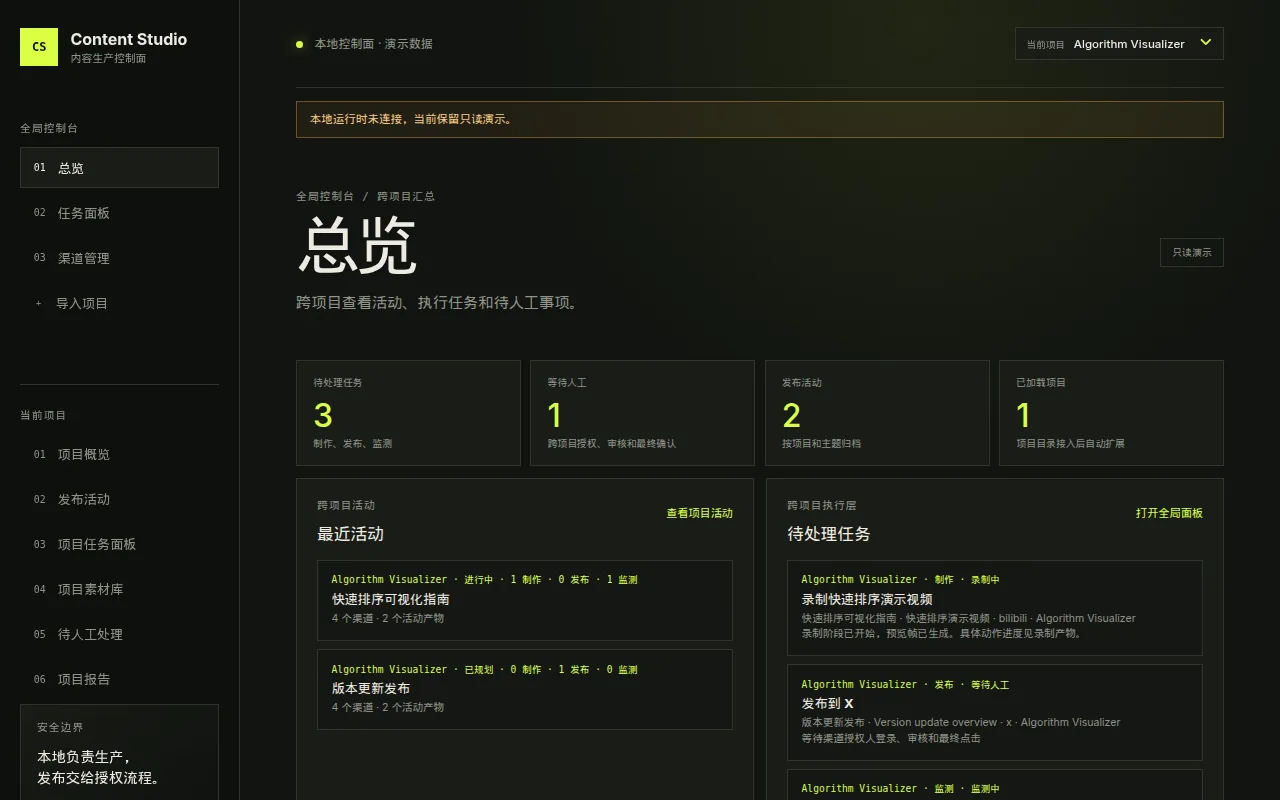 Content Studio 工作台总览，绿黑界面